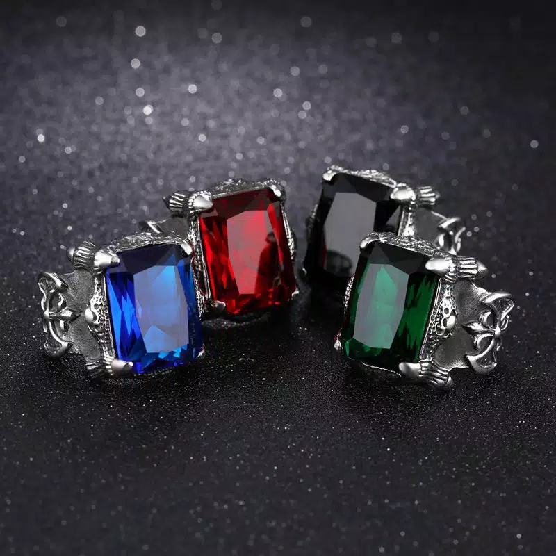 Cincin Fashion Pria Wanita Bahan Titanium Cincin Pria Keren Batu Obsidian Warna Merah Biru Hijau Hit