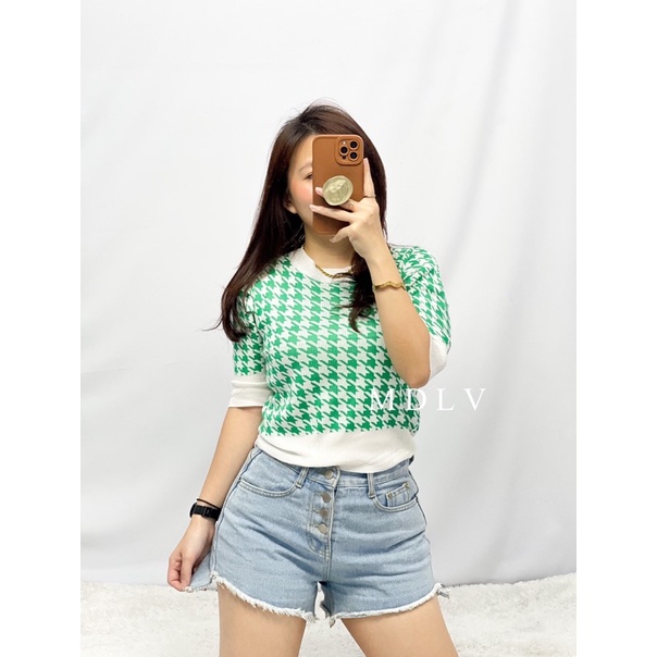 MDLV ~ 6392# Houndstooth Knit Cropped Top Atasan Rajut Motif Houndstooth Fashion Import