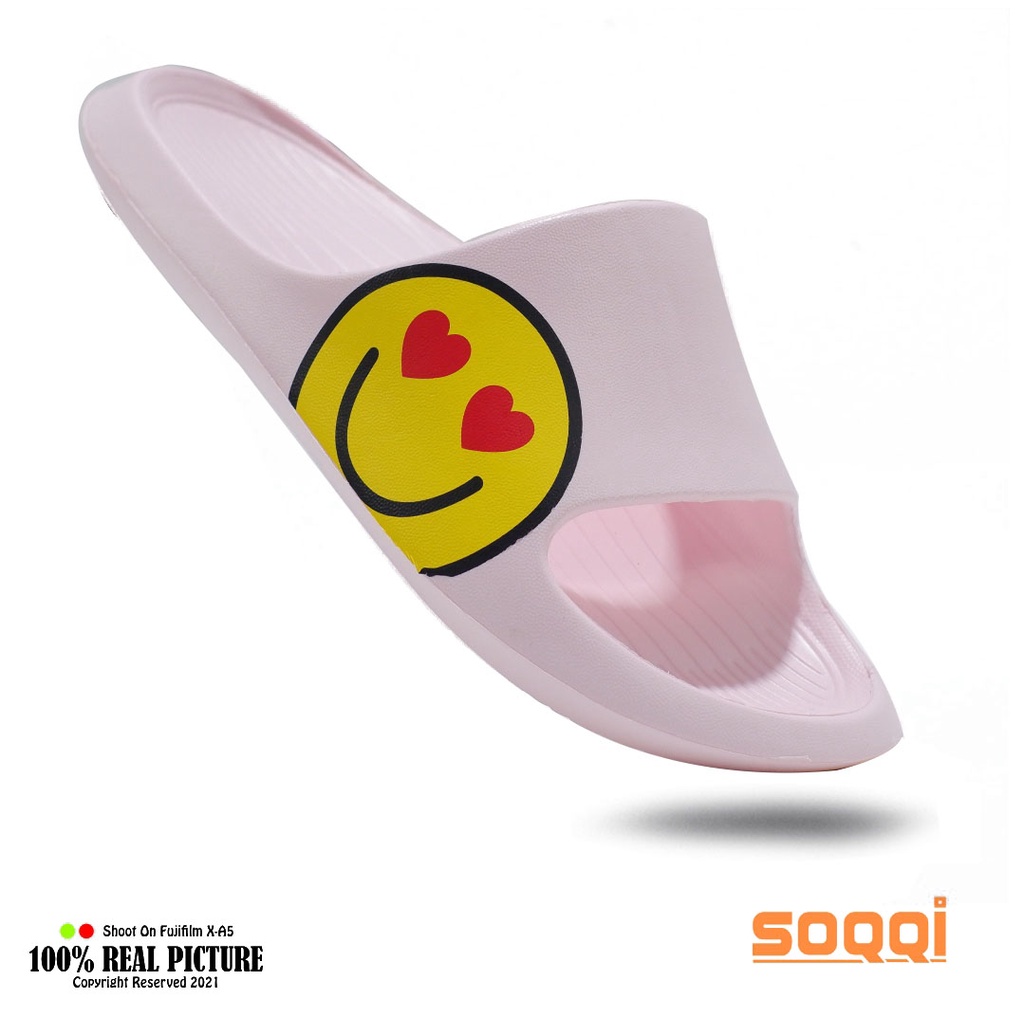 Sandal selop wanita import karet original sendal slop cewek perempuan dewasa model distro gambar smile slip on lucu tahan air branded terbaru Soqqi-Km 080 1B promo lebaran murah keren cod 36-40