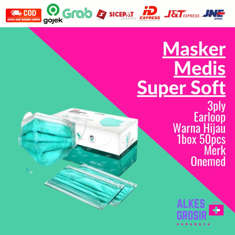 ONEMED Masker Karet Bedah Medis Earloop 3ply SUPER SOFT ORIGINAL Hijau Isi 1box 50pcs Tebal Halus Le