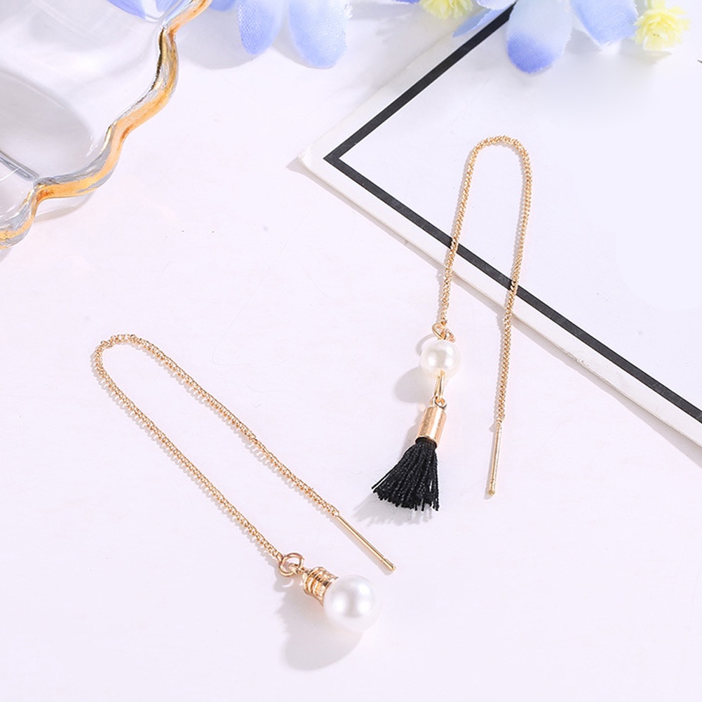 Hu Hu Hu Hu Hu Alat Bantu Pasang Kacamata♡ Anting Tusuk Gantung Panjang Asimetris Aksen Rumbai Mutiara Imitasi Untuk Wanita