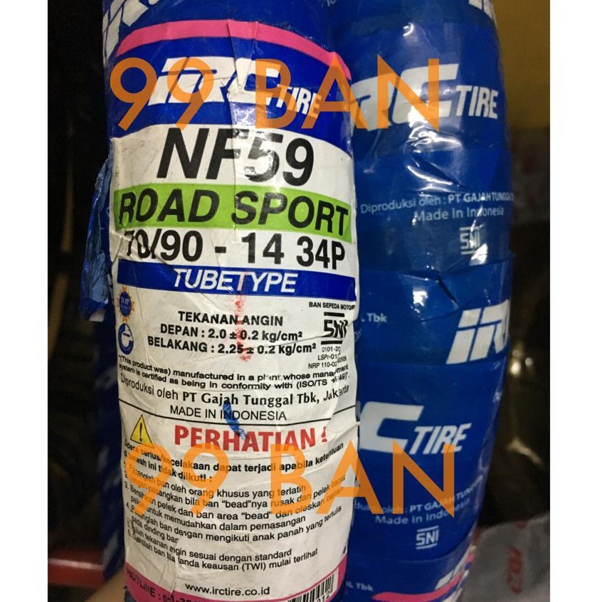 IRC NF59 : 70/90-14, BAN DEPAN MOTOR MATIC VELG 14 (TUBE TYPE, MENGGUNAKAN BAN DALAM)