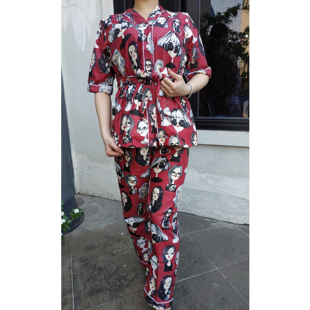 JNV Setelan Kimono CP Wanita Motif Karakter Kartun - Baju Tidur Kimono Lengan Pendek - Bahan Katun-Retro Maroon