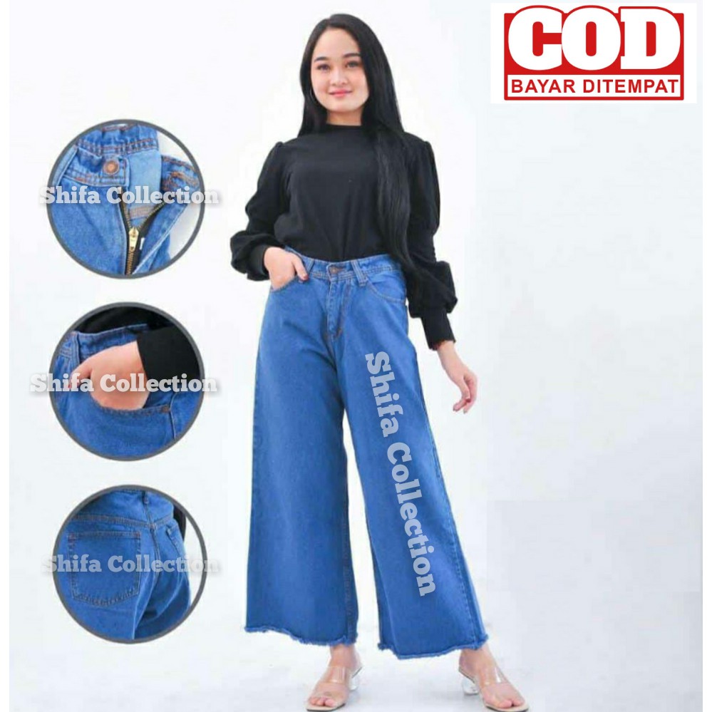 Celana Kulot Wanita Jeans Rawis Tebal Highwaist - Bahan Sakura - (Ukuran 27 - 34)