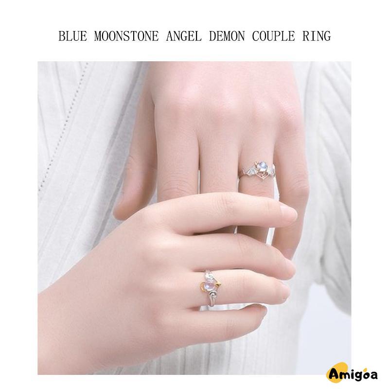 Perhiasan Cincin Pasangan Perak Biru Moonstone Malaikat Setan - AG2 - AG2