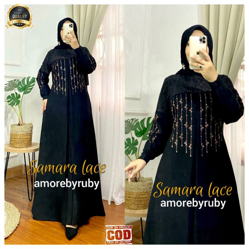Gamis Terbaru Samara Dress Original Brand Amore by Ruby Brukat Lace Abaya Hitam Baju Kondangan Pesta