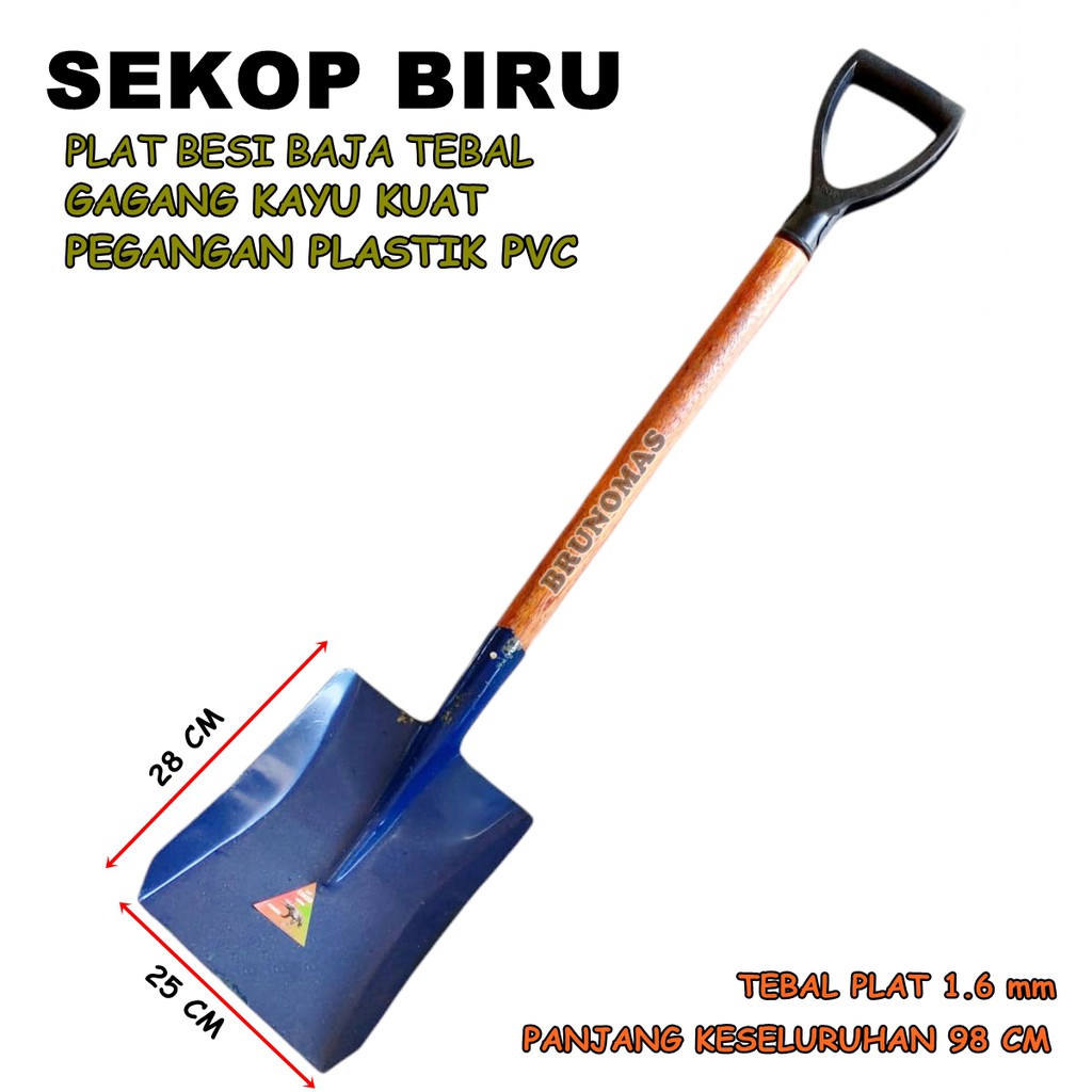 SEKOP BIRU GAGANG KAYU - SKROP PASIR PLAT BESI BAJA TEBAL