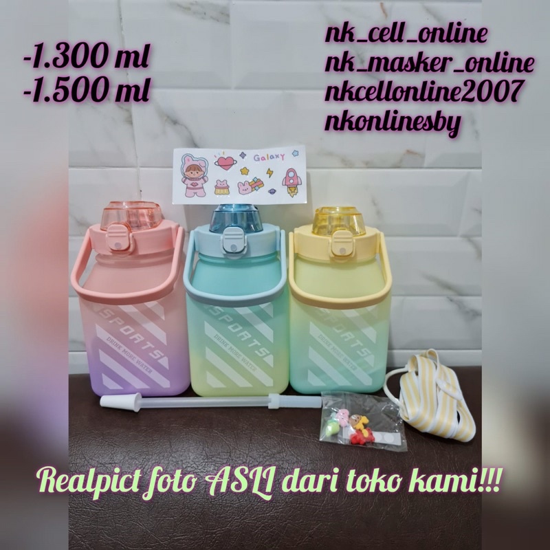 Botol kotak viral gradasi 1.5 liter free stiker 2d dan 3d/sedotan/tali