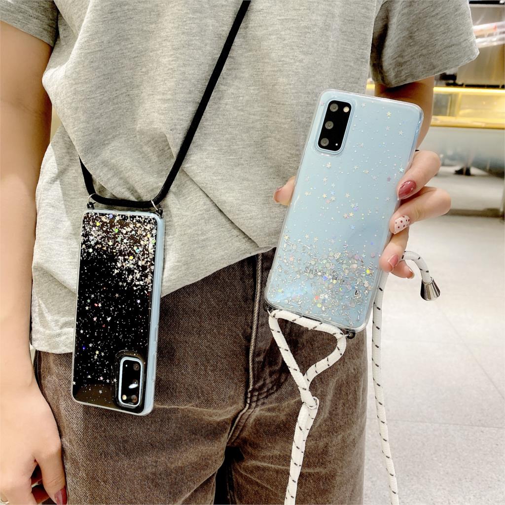 Kotak Lanyard Case OPPO A53 A33 Realme 5/5i F5/A73/A75/A37/A77/A79/A83/A39/A53 2020/A71/A57 fashion flash chips 6 Warna Dengan Tali Lanyard case Untuk oppo RENO