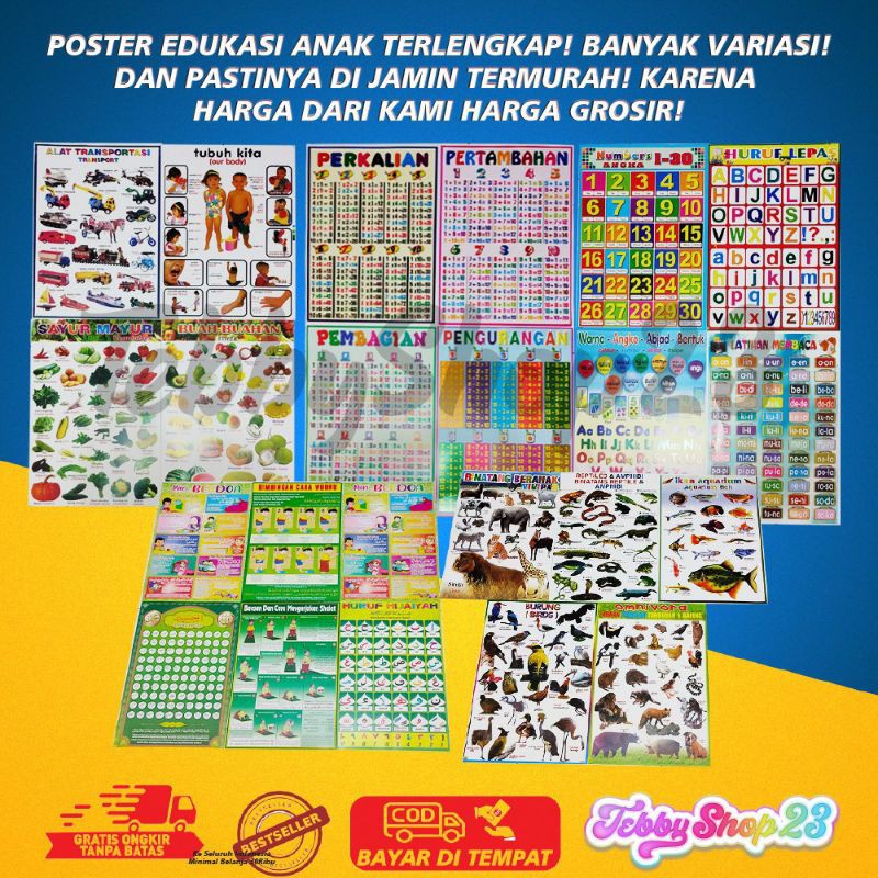 Poster edukasi anak satuan variasi lengkap abjad angka buah sayur Hijaiyah