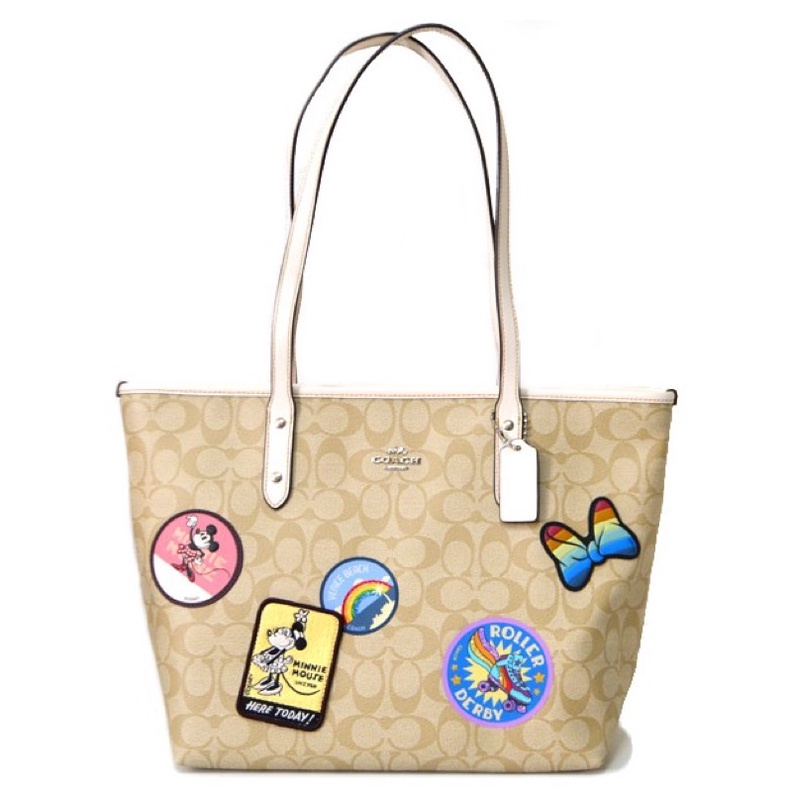 Coach City Zip Tote In Signature Canvas With Minnie Mouse Patches (F29358) - Light Khaki