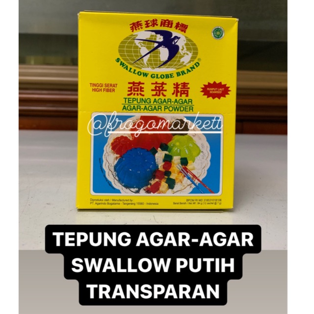 Agar-Agar Swallow Putih Transparan, Merah, Hijau, Cokelat 1box 84gr (12pack x 7gr)