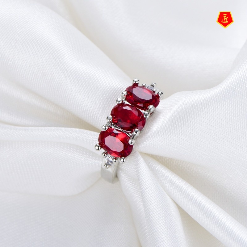 [Ready Stock]Fashion Simple 925 Silver Three Ruby Ring