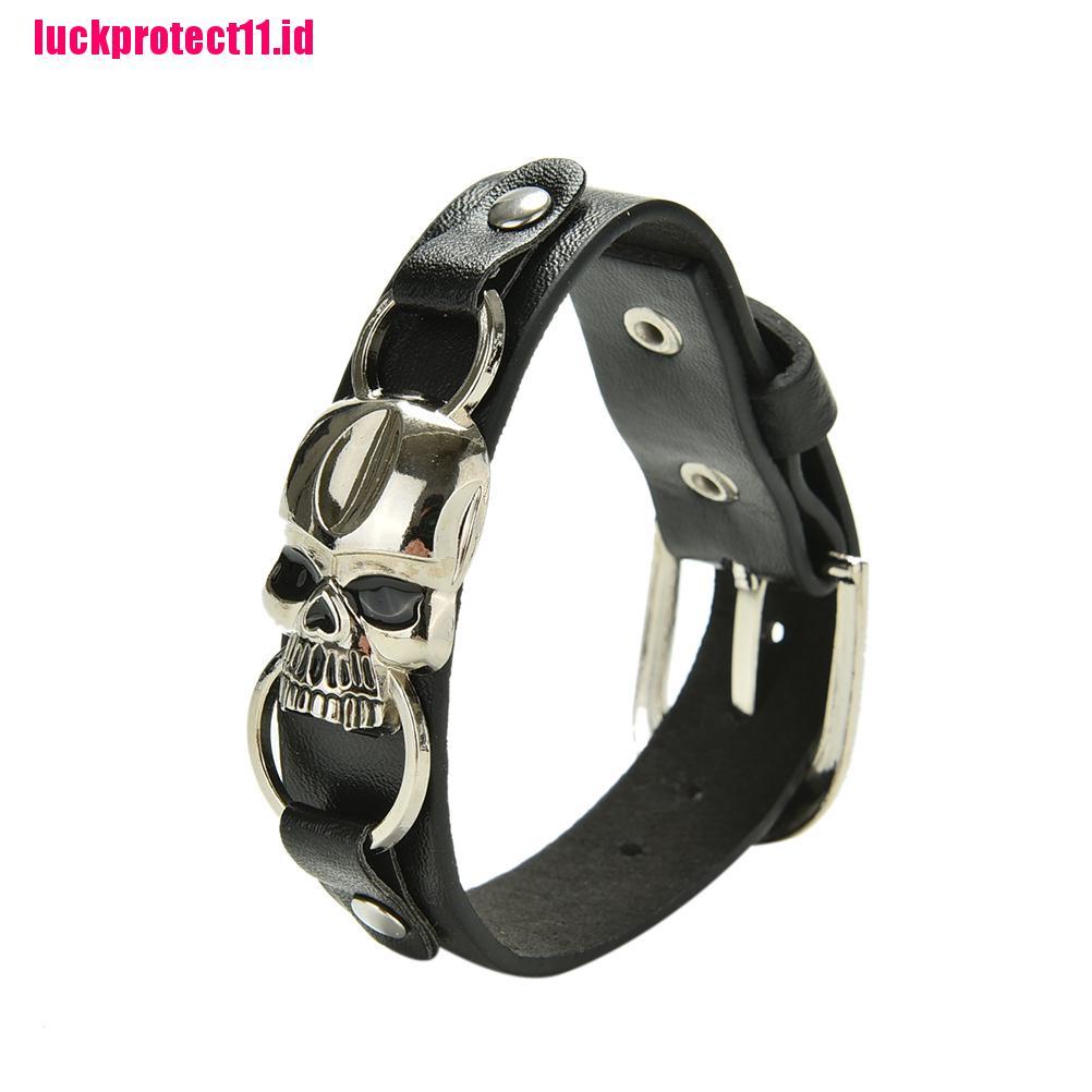 (LUCK) Gelang Tangan Kulit Banyak Lapis Aksen Tengkorak Untuk Pria