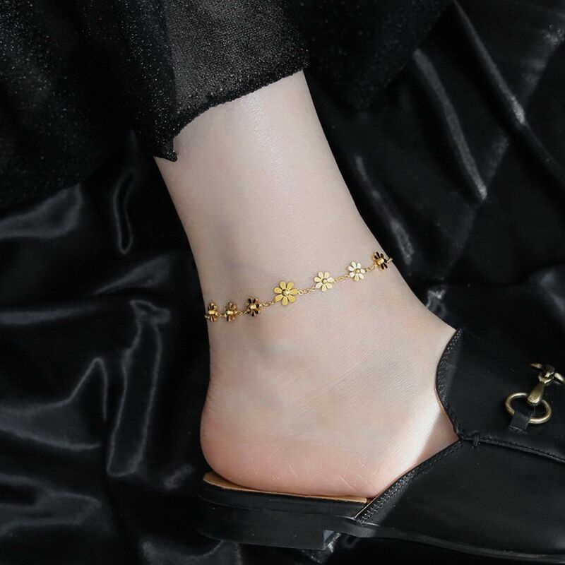 SEALOVE Gelang Kaki Titanium Wanita Anti Karat Bunga Daisy Emas 18k Perhiasan Korea