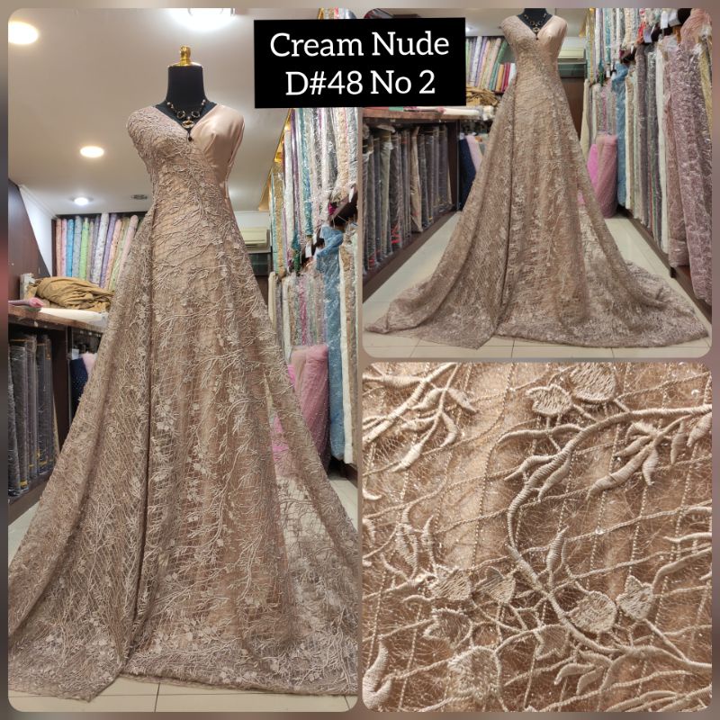 Kain Tile Brokat 3D Benang Silang Motif Bunga Akar D#48 No 2 Cream Nude