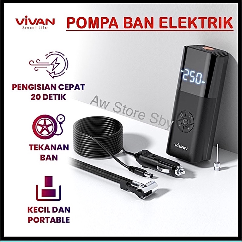 (VIVAN VT-02) Pompa Ban Elektrik inflator Tire LCD Display Air Compressor Mini VT-02