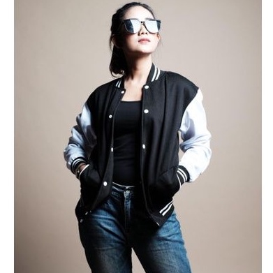 Jaket baseball polos kancing hitam putih pria wanita bahan tebal-2