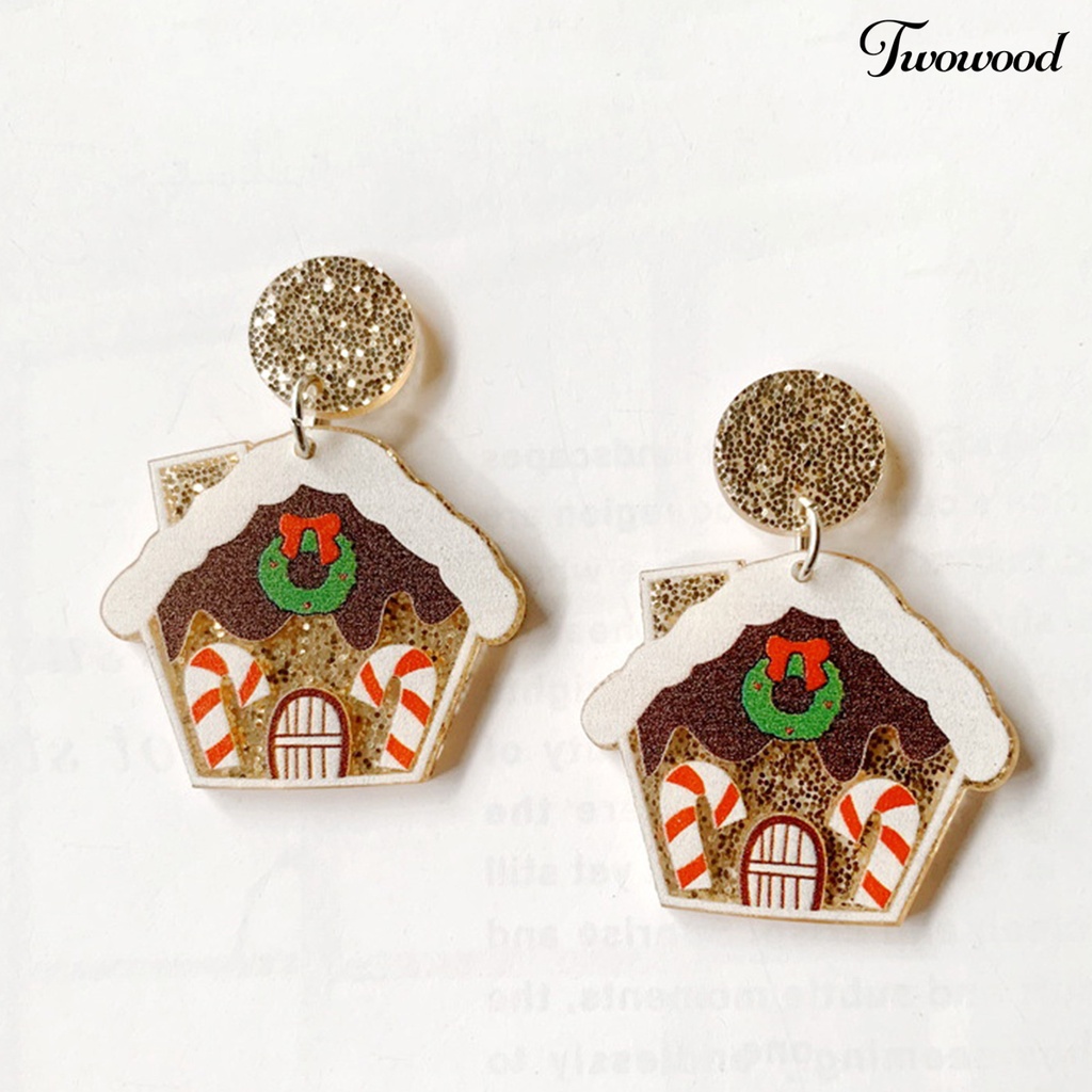 1 Pasang Anting Stud Desain Rumah Natal Aksen Glitter Untuk Wanita