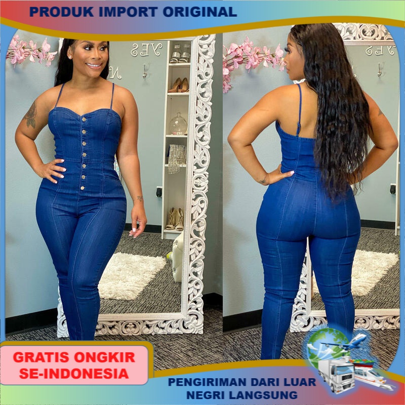 IMPORT jeans wanita levis adem Slim cjumpsuit one-piece suspender kaki celana atasan wanita terbuka 