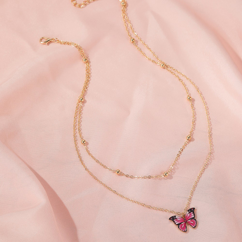 Retro Double Layer Bead Butterfly Necklace Dreamy Color Butterfly Clavicle Chain Ins Fashion Female Jewelry