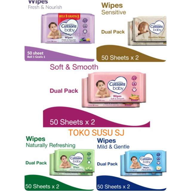 CUSSONS BABY WIPES 45 sheet x 2 50 SHEET X 2 TISU BASAH PINK BIRU HIJAU UNGU SOFT/MILD/NATURAL /SENSITIVE/NOURISH/TISU BASAH