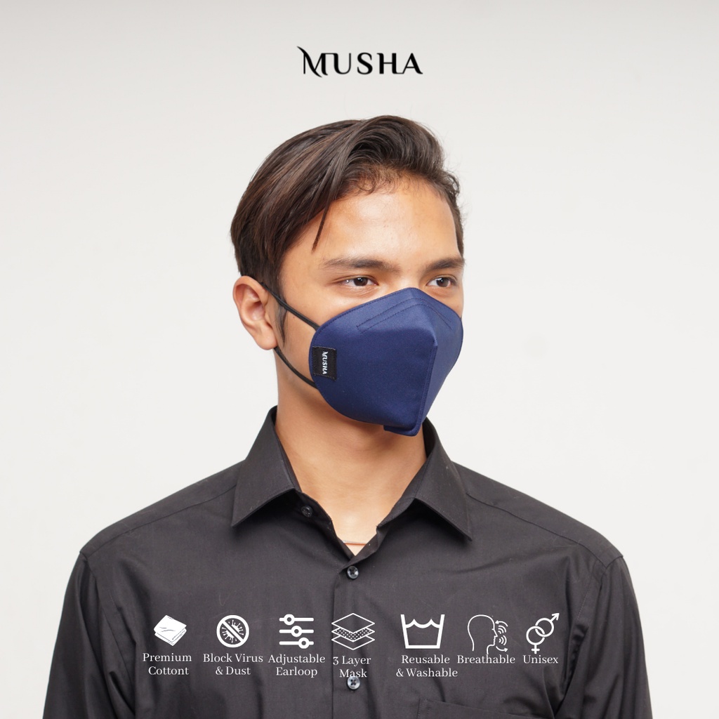 Musha KN95 Mask - Navy | Masker Kain 3 Ply Earloop