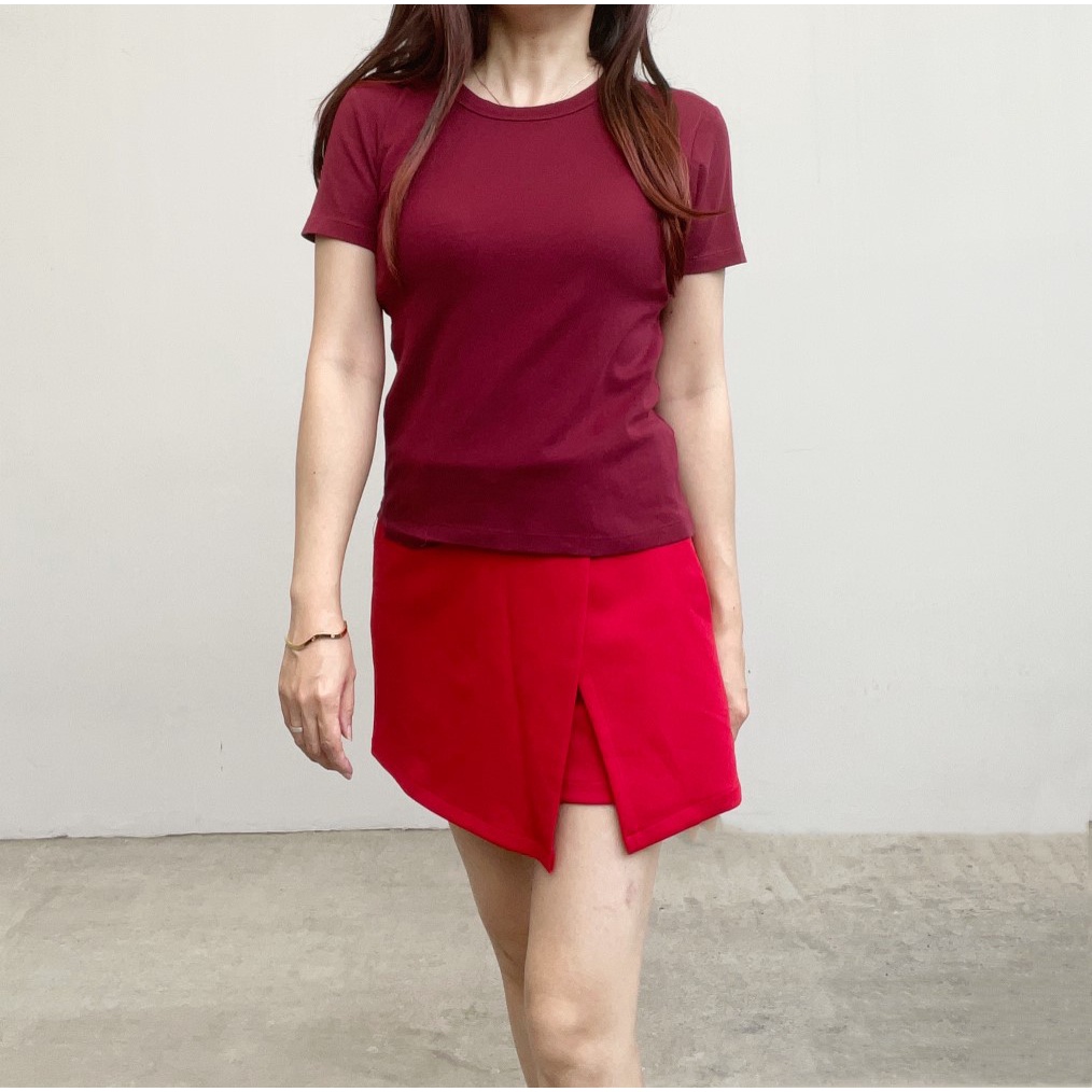 SL368 - Atasan Short Sleeves Maroon Wanita Basic Cotton Stretch Adem