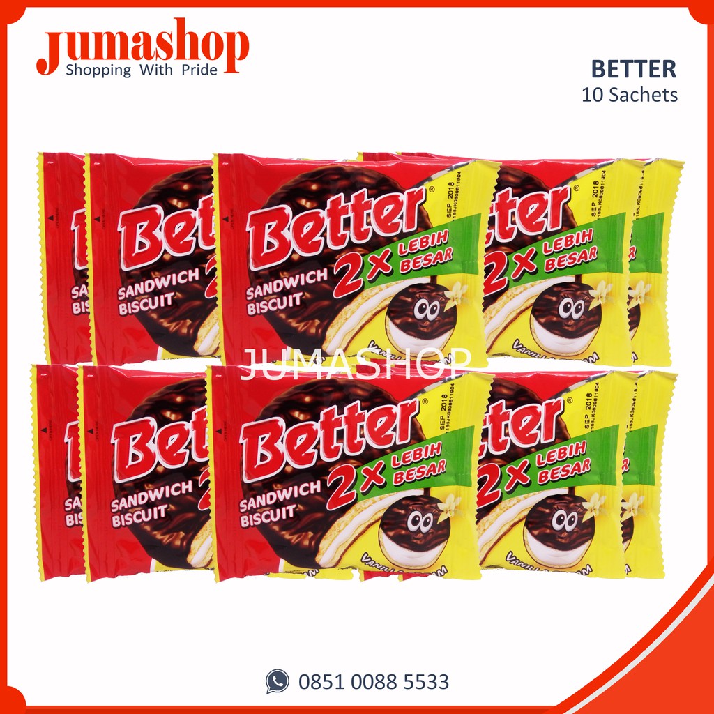 

Better 10 Sachet Sandwich Biscuit Vanilla Cream Mayora-Jumashop Jakarta