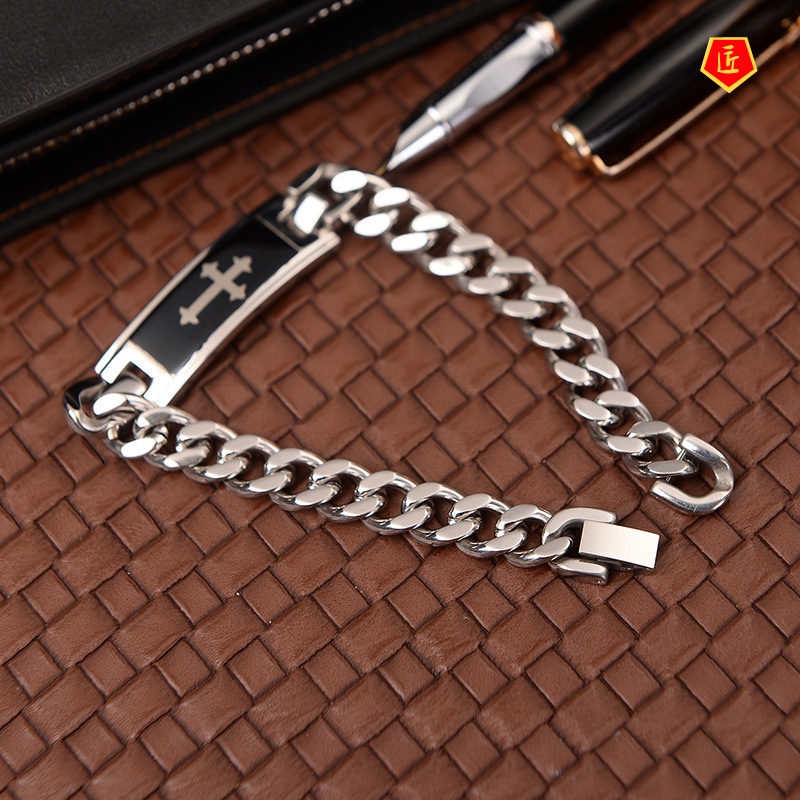 [Ready Stock]Creative Personality Black Cross Curved Brand Men's Bracelet