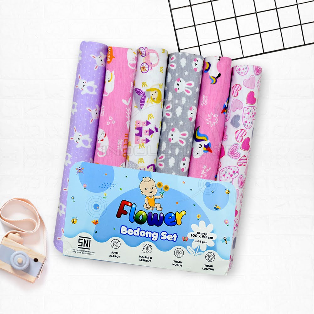 6 Pcs Kain Bedong Bayi Baru Lahir COTTON Print  BC-306 (100 x 90 cm) Selimut Bayi BC-307 (120 x 75 cm) Alas Tidur Bayi Kain Bedongan Bayi Motif Lucu Perlengkapan Tidur Bayi New Born