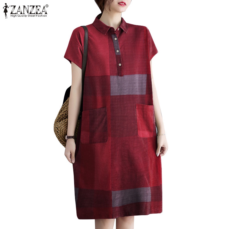 ZANZEA Womens Check Short Sleeve Turn-Down Collar Casual Loose Midi Dress