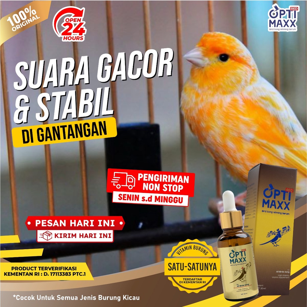 Optimaxx - Bird Song Winning Serum Suplemen Vitamin Penambah Stamina Burung Penggacor Gacor Lomba Lovebird Murai Batu Love Bird Lovebird Kenari Kacer Pleci Cucak Rowo Cucak Ijo Isi 60ml