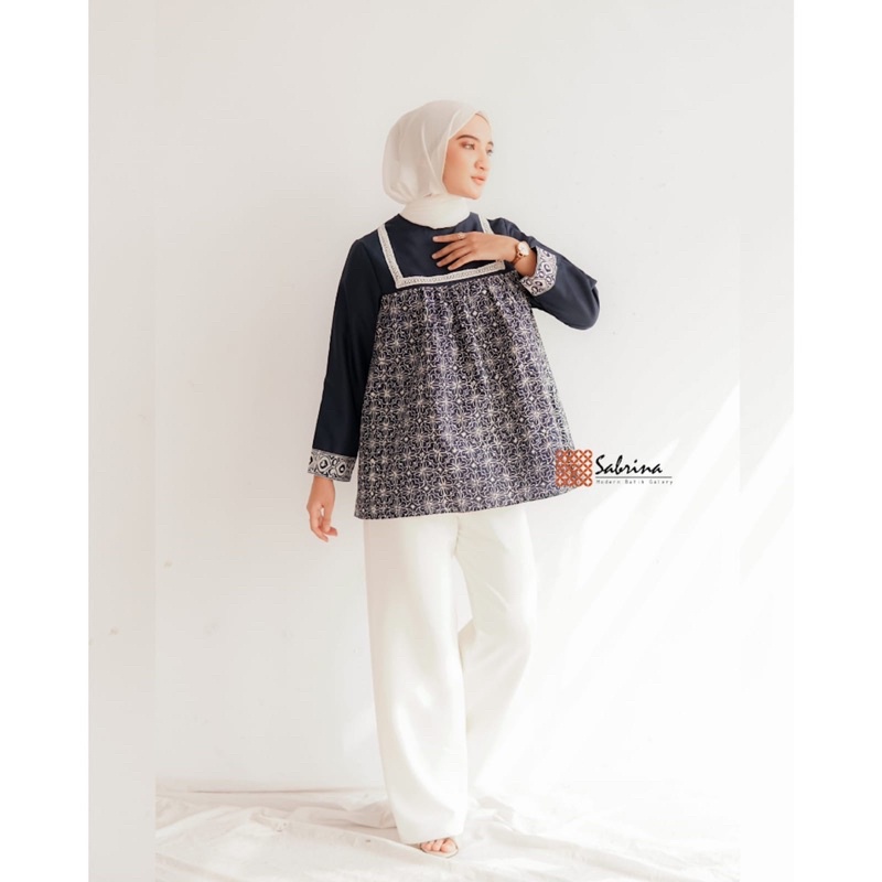 Adena Navy Blouse Atasan Batik Wanita Kerja Kantor Modern Kekinian Katun Cap