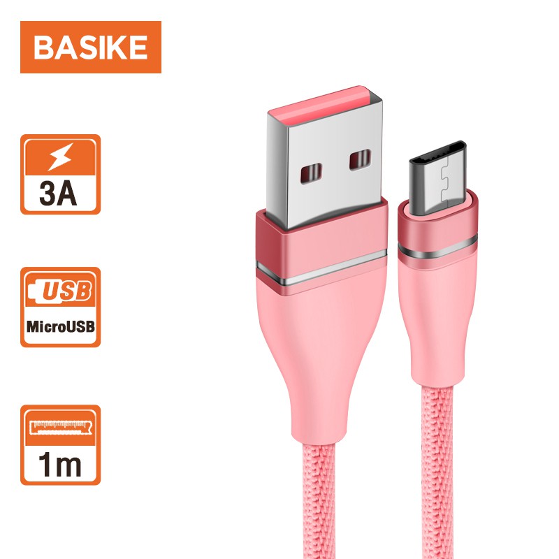 BASIKE Kabel Data Fast charging Micro USB cable for Android phone Tangle-free Docking Nylon 100CM xiaomi Samsung Oppo Vivo hp murah Realme Redmi infinix Ipad Gadgets-CT08 -1V Rose 3A
