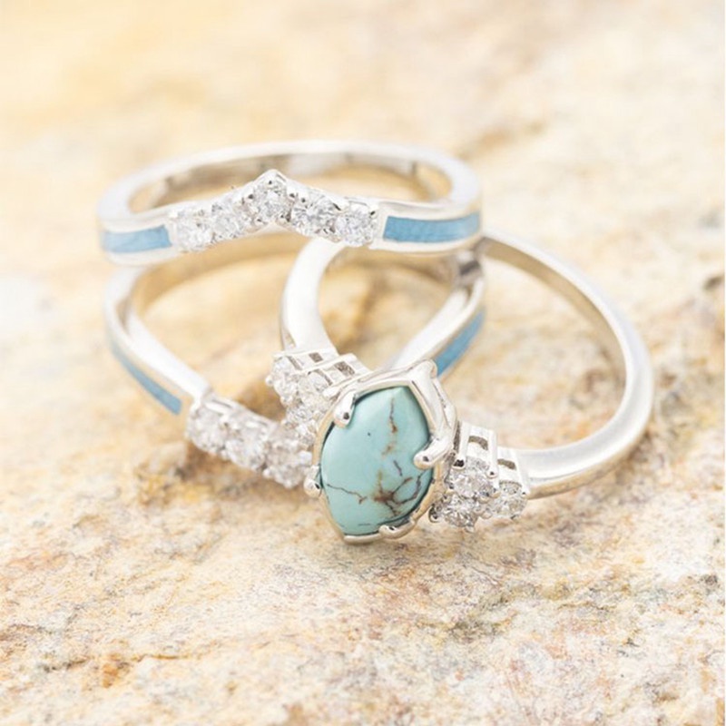 Set Cincin Berlian Turquoise Warna Emas Dan Silver Untuk Wanita