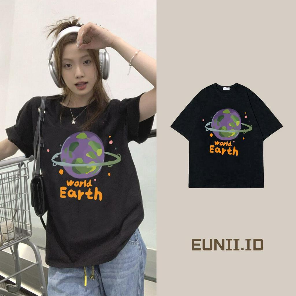 EUNII T-shirt Lengan Pendek Cartoon Earth World Korean Style/Kaos Atasan Wanita/Baju Kaus Oversize Wanita/Kaos Wanita