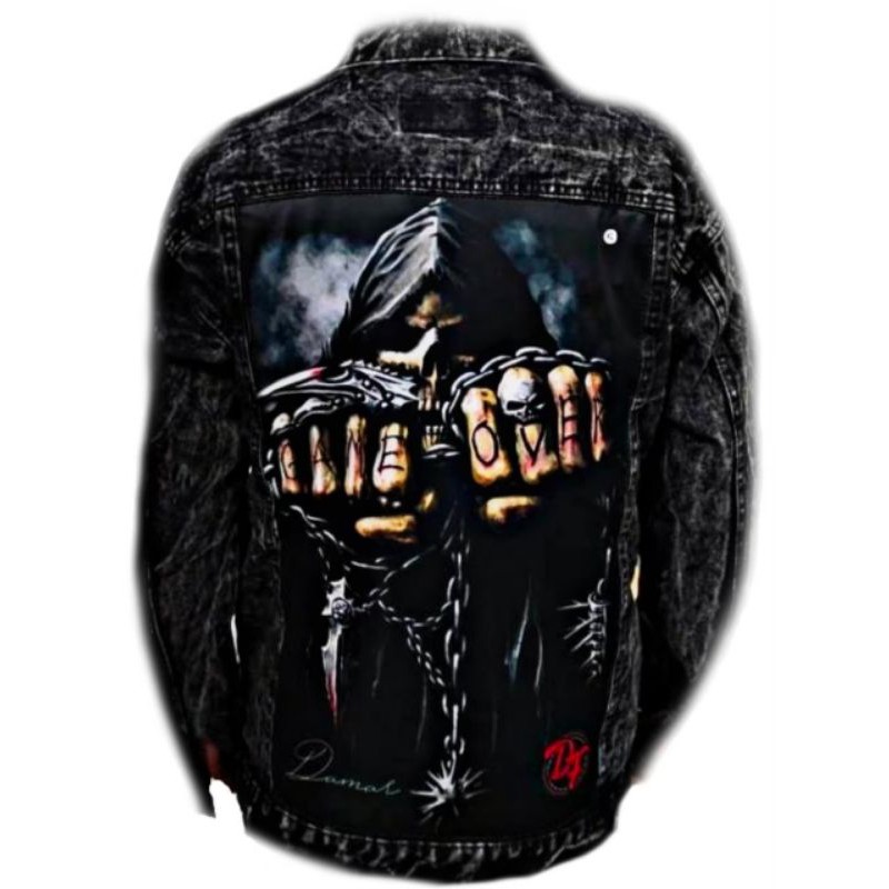 jaket jeans pria sandwash hitam printing skull metal gambar belakang original DF denim motif keren