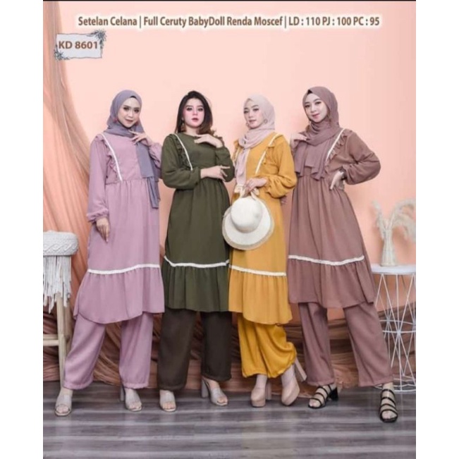 SETELAN CELANA DAN TUNIK CERUTY RENDA/PAKAIAN WANITA MUSLIMAH/BAJU ONESET POLOS/SETCEL BUSUI LD 110