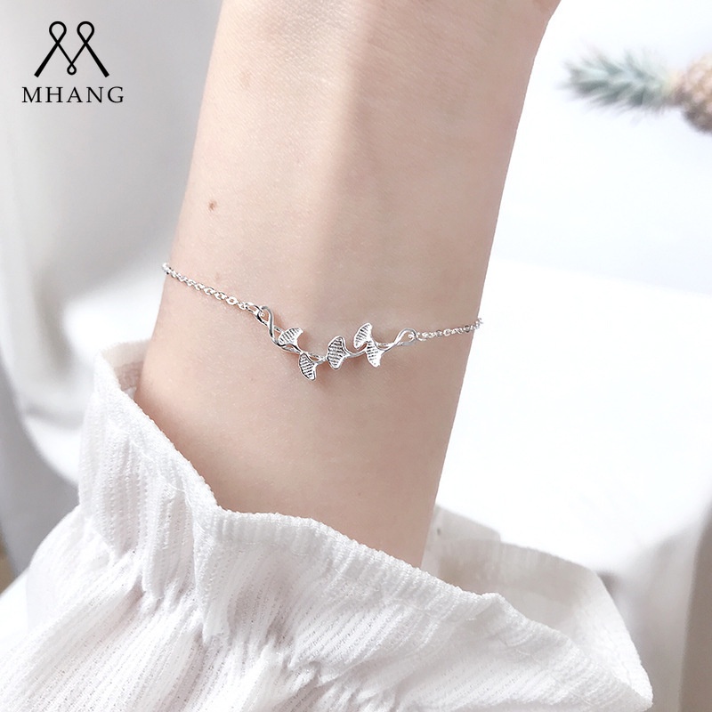 Gelang Rantai Desain Daun Aprikot Bahan Metal Warna Silver Untuk Musim Semi Dan Panas