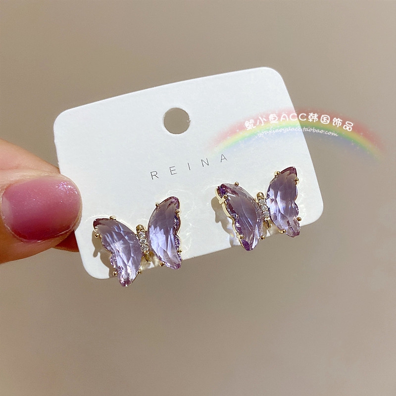 Purple Crystal Butterfly Stud Earrings Zircon Earring Women Party Luxury Jewelry