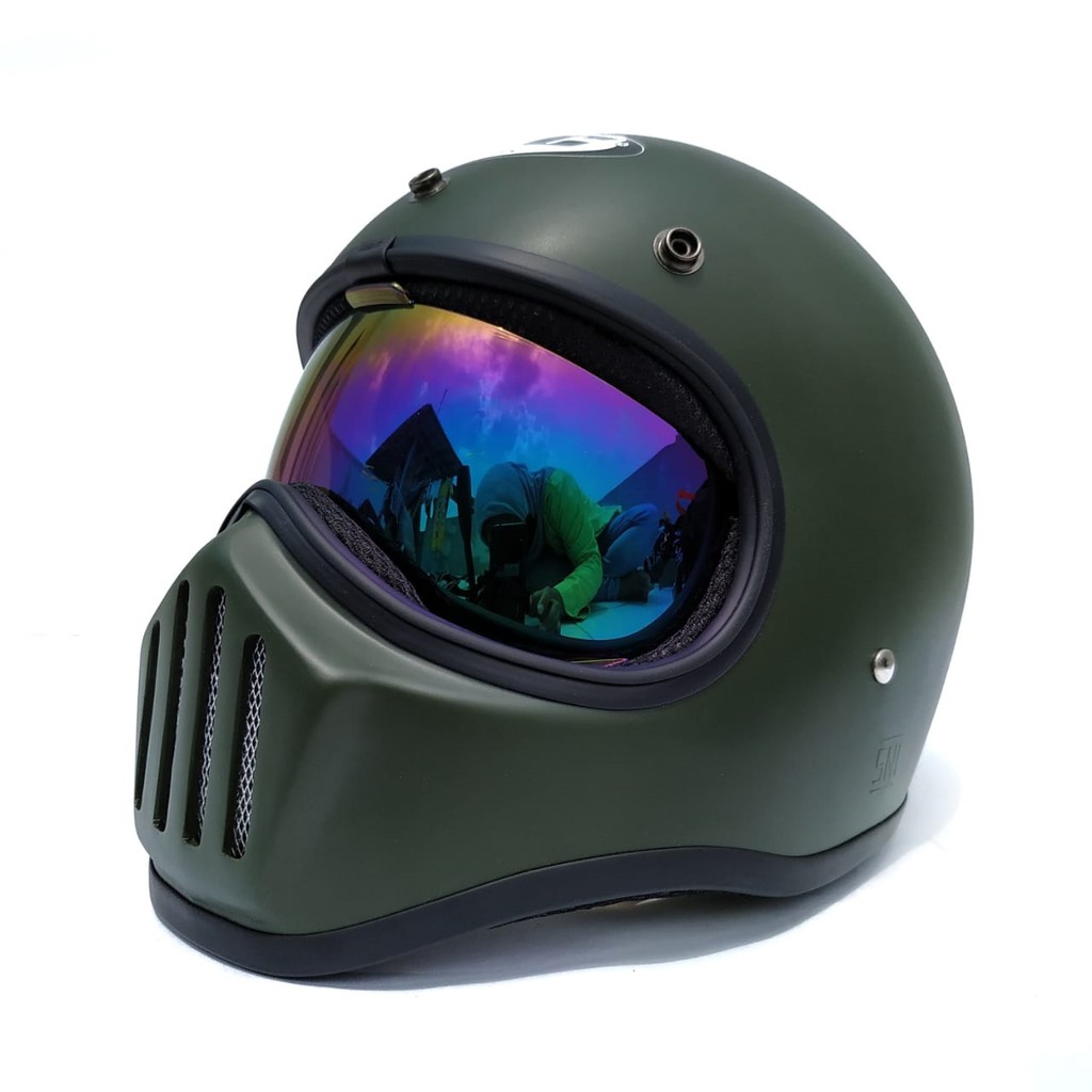 Helm Cakil HBC Green Army Doff + Inner Visor ( Fullface / Retro / Klasik / Vespa )