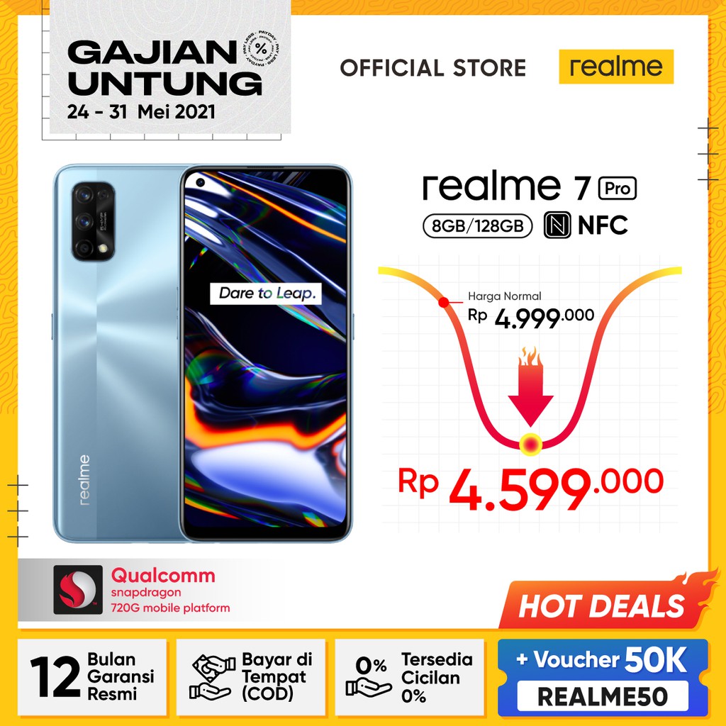 [VOUCHER REALME50] HP realme 7 Pro 8/128GB[65W QC, Snapdragon 720G,NFC, 64MP Quad Camera, AMOLED]