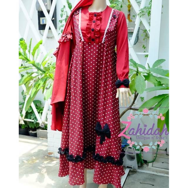Gamis polka maroon L set free cadar by zahidah