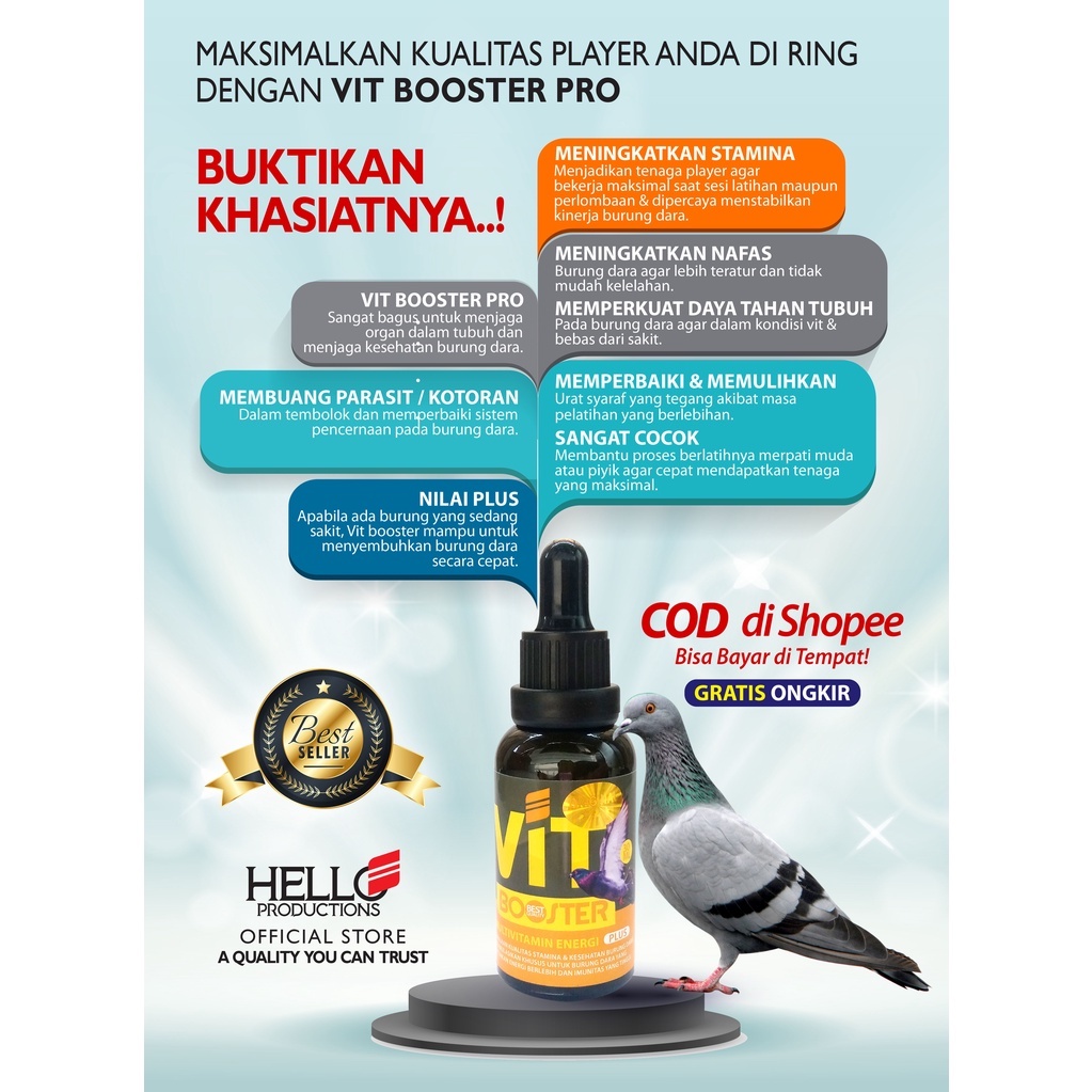 VIT BOOSTER/MULTIVITAMIN ENERGI/PENINGKAT TENAGA/MERPATI LOMBA/BURUNG DARA/KOLONGAN/VIT BOOSTER PRO/