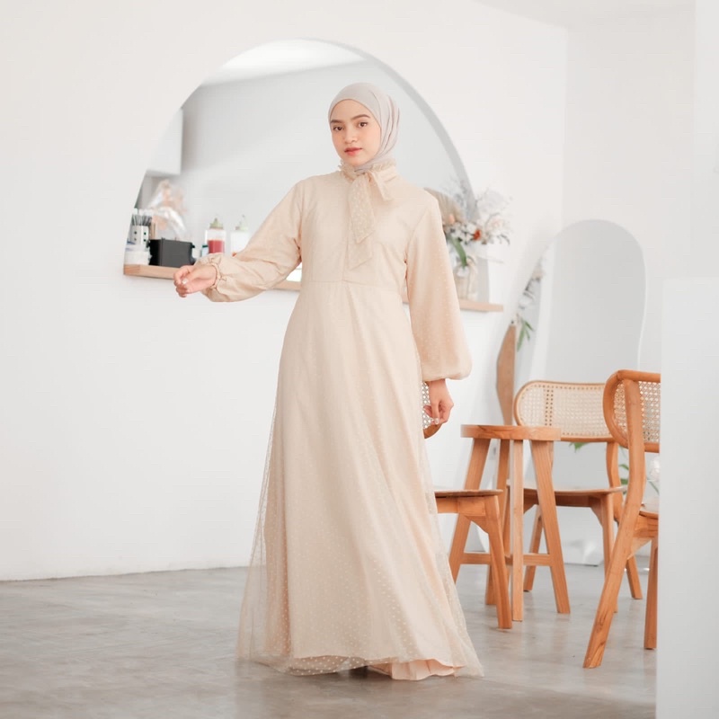 Delina Creamy Dress ( Gamis lebaran dress lebaran cream nude )