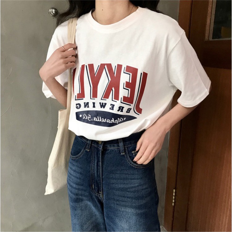 T-Shirt Korea Style Kaos Wanita Kaos Casual Kaos Santai Kaos Longgar Motif Huruf Pakaian Wanita