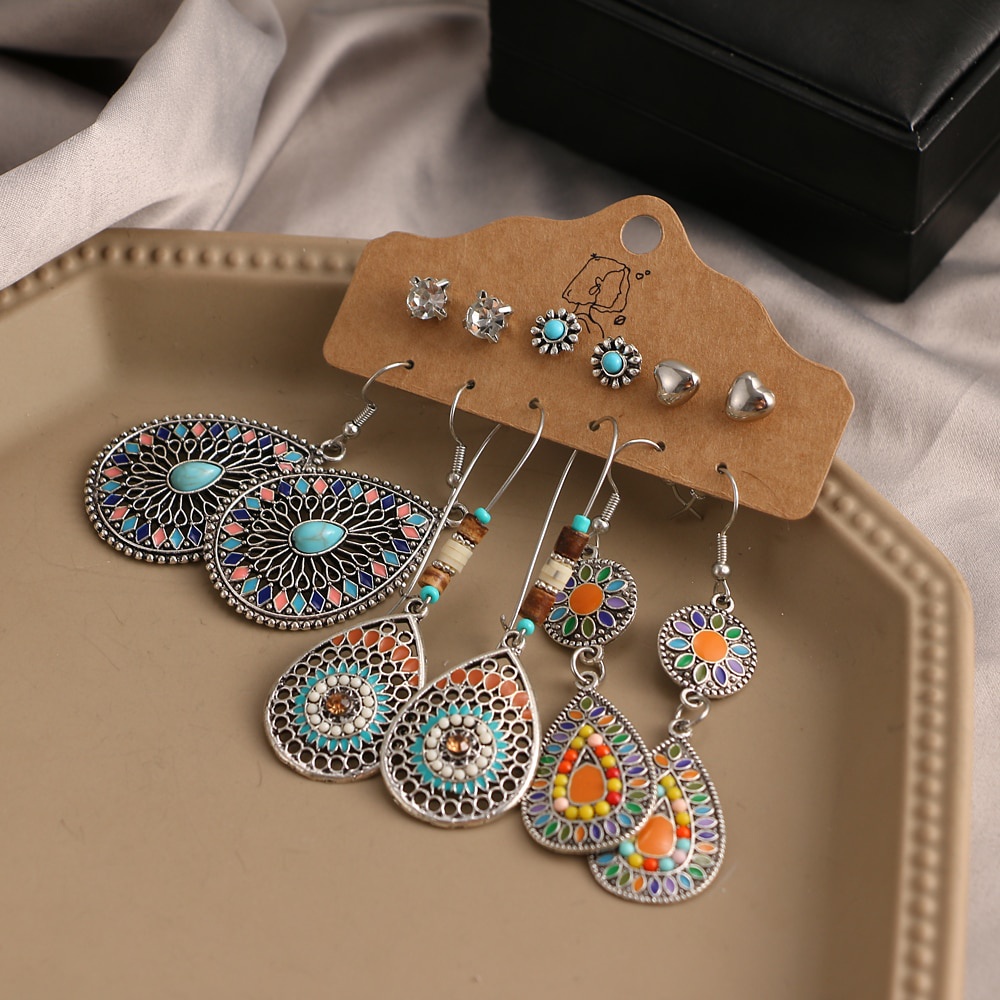 12pcs Set  Bohemian Earrings Set Ethnic Ladies Feather Sun and Moon Pendant Earrings Statement Women's Fashion Jewelry