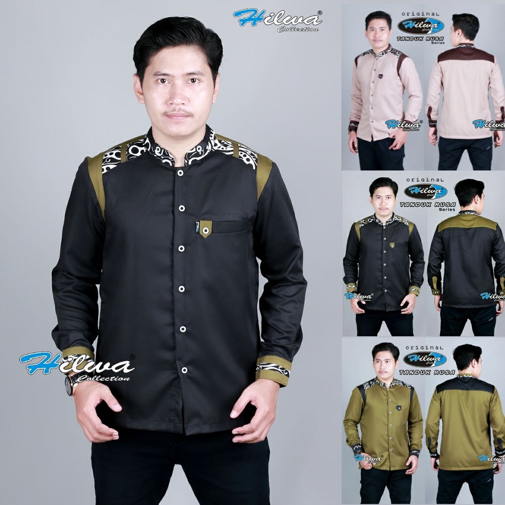 HILWA COLLECTION Baju Koko Pria Dewasa Lengan Panjang Motif Tanduk Rusa Warna Hitam Putih Hijau Army