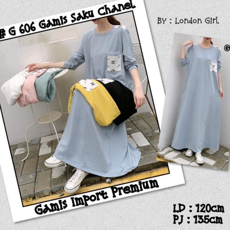 G 606 Gamis Import Premium Wanita Lengan Panjang Saku Chanel/ Woman Gamis Dress